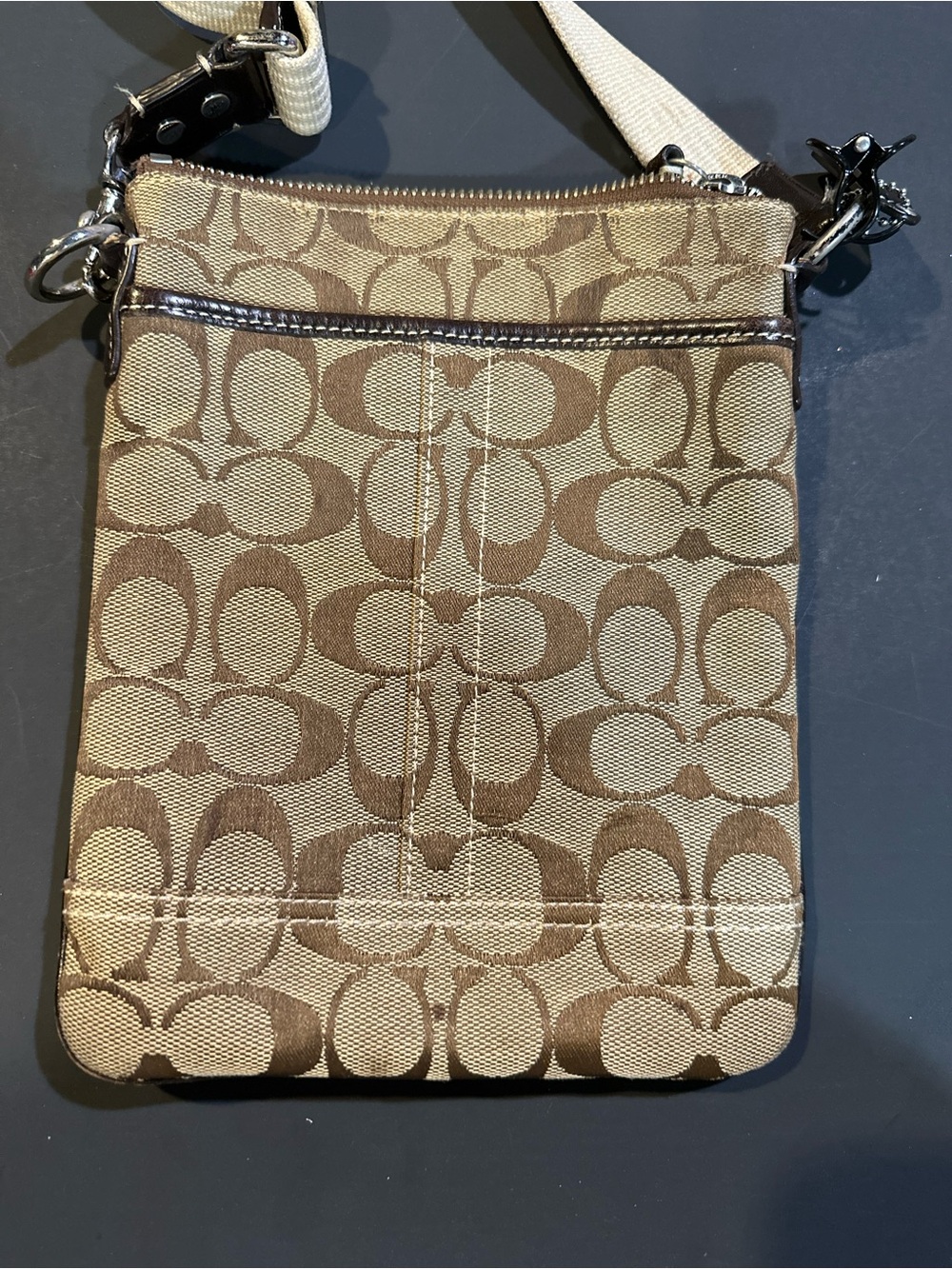 Coach Small Signature Crossbody in Khaki and Brown